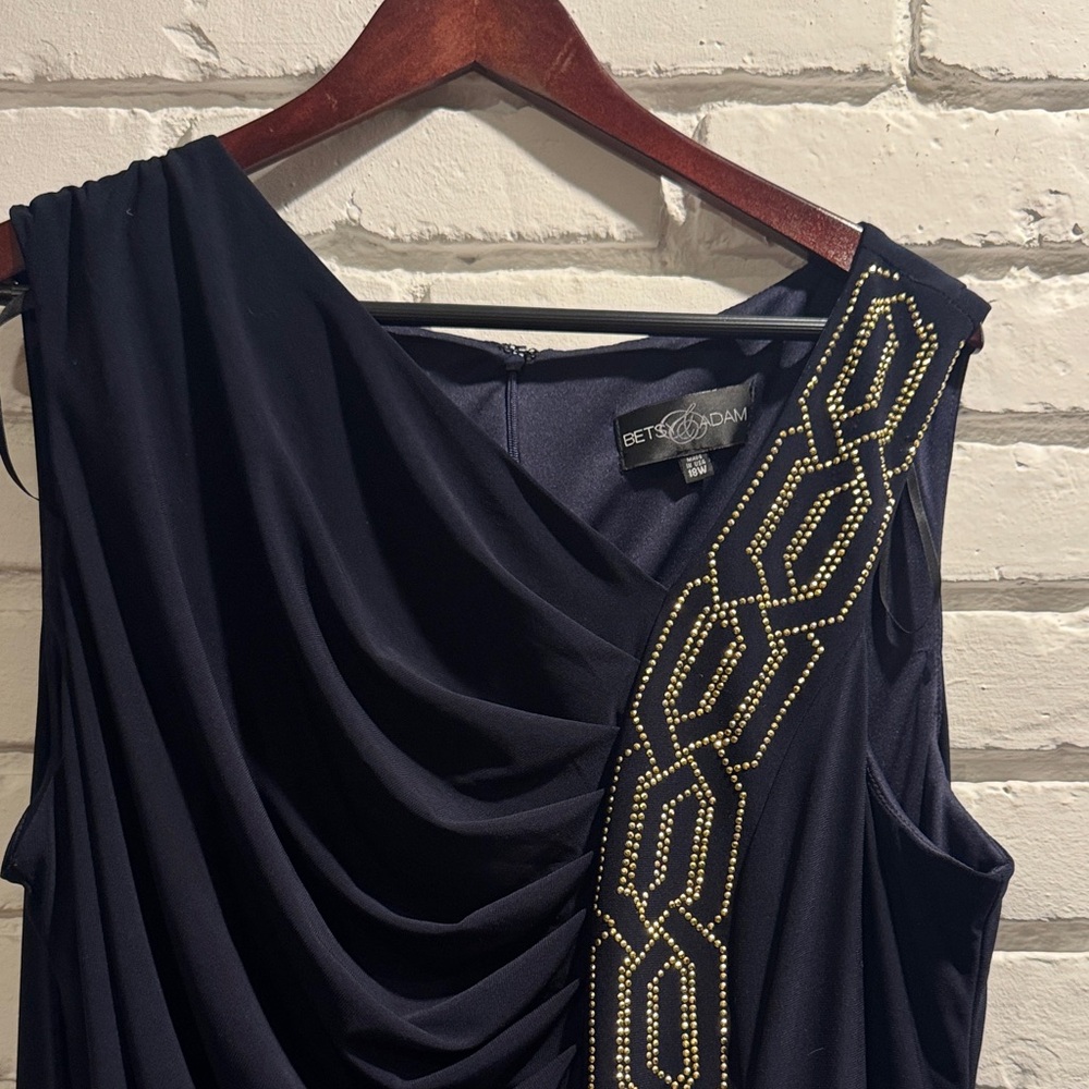 Betsy & Adam Navy Asymmetrical Dress with Gold Detailing